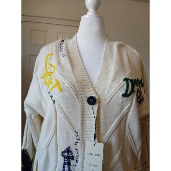 Cardigan Ivory Apric Chunky Knit Large   Embroidered Oversized Sweater Colorful - Picture 3 of 16